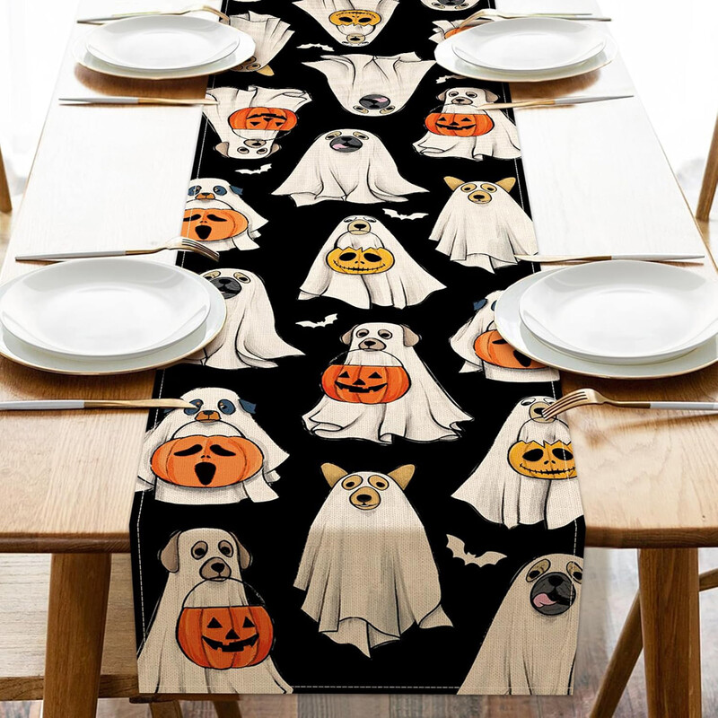 Dekorácia stola s duchmi, psami, halloweenskou lampášovou tekvicou, netopierom, kuchynsko-jedálenskou dekoráciou, umývateľnou dekoráciou stola