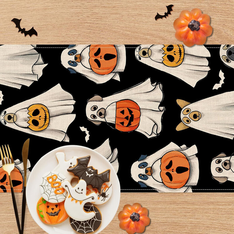 Dekorácia stola s duchmi, psami, halloweenskou lampášovou tekvicou, netopierom, kuchynsko-jedálenskou dekoráciou, umývateľnou dekoráciou stola
