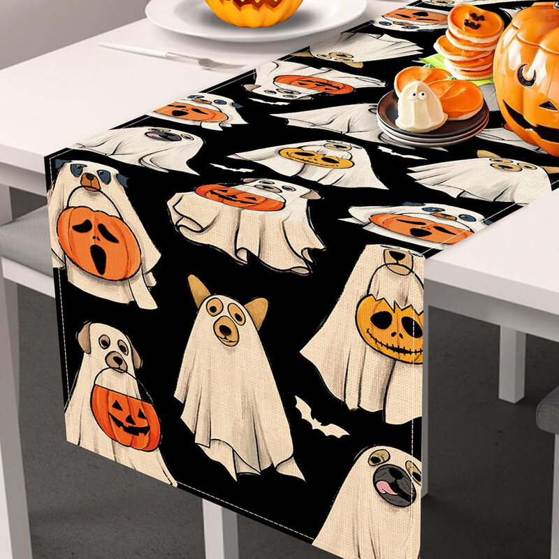 Dekorácia stola s duchmi, psami, halloweenskou lampášovou tekvicou, netopierom, kuchynsko-jedálenskou dekoráciou, umývateľnou dekoráciou stola