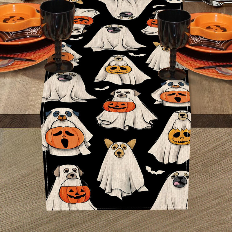 Dekorácia stola s duchmi, psami, halloweenskou lampášovou tekvicou, netopierom, kuchynsko-jedálenskou dekoráciou, umývateľnou dekoráciou stola