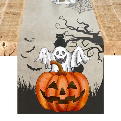 Halloween Decor Table Runner Obdĺžnikový stôl Runner s tekvicovým duchom a čiernou mačkou Potlač stolovej podložky Runner pre domácu párty dekoráciu