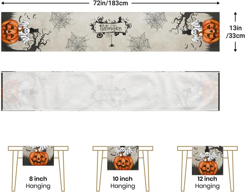 Halloween Decor Table Runner Obdĺžnikový stôl Runner s tekvicovým duchom a čiernou mačkou Potlač stolovej podložky Runner pre domácu párty dekoráciu
