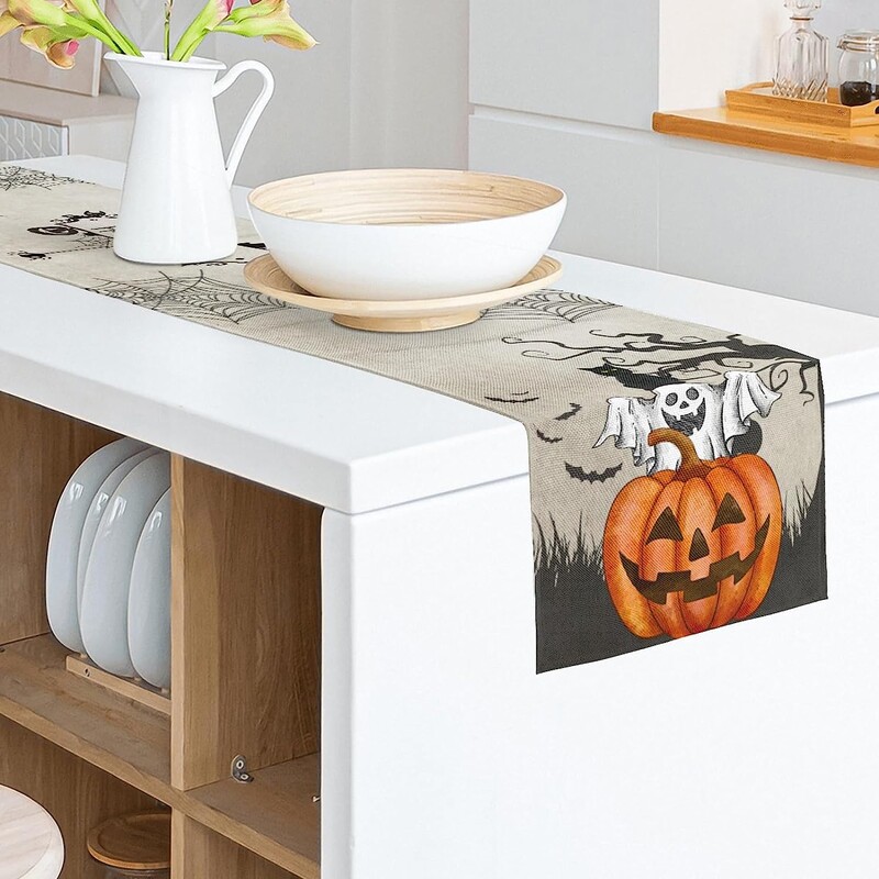 Halloween Decor Table Runner Obdĺžnikový stôl Runner s tekvicovým duchom a čiernou mačkou Potlač stolovej podložky Runner pre domácu párty dekoráciu