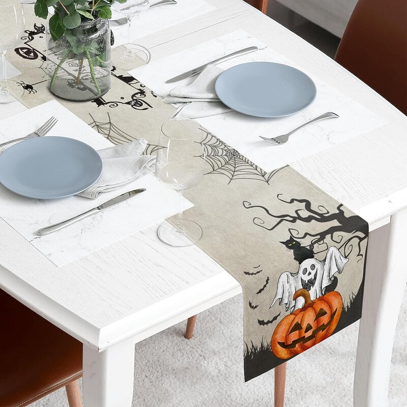 Halloween Decor Table Runner Obdĺžnikový stôl Runner s tekvicovým duchom a čiernou mačkou Potlač stolovej podložky Runner pre domácu párty dekoráciu