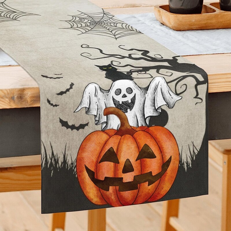 Halloween Decor Table Runner Obdĺžnikový stôl Runner s tekvicovým duchom a čiernou mačkou Potlač stolovej podložky Runner pre domácu párty dekoráciu