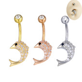 Piercing do pupka s delfínom pre ženy, strieborný, ružovo-zlatý, bikini, biely zirkón, krátky, s piercingom do pupka, šperky
