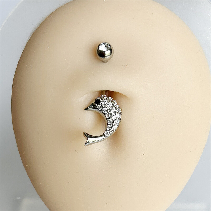 Piercing do pupka s delfínom pre ženy, strieborný, ružovo-zlatý, bikini, biely zirkón, krátky, s piercingom do pupka, šperky
