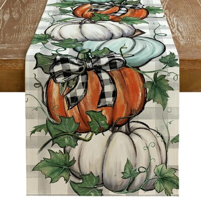 Őszi tök juhar levelek ágynemű asztali futók Őszi hálaadás bivalykockás csekk Parasztház parti Konyha étkezőasztal dekoráció