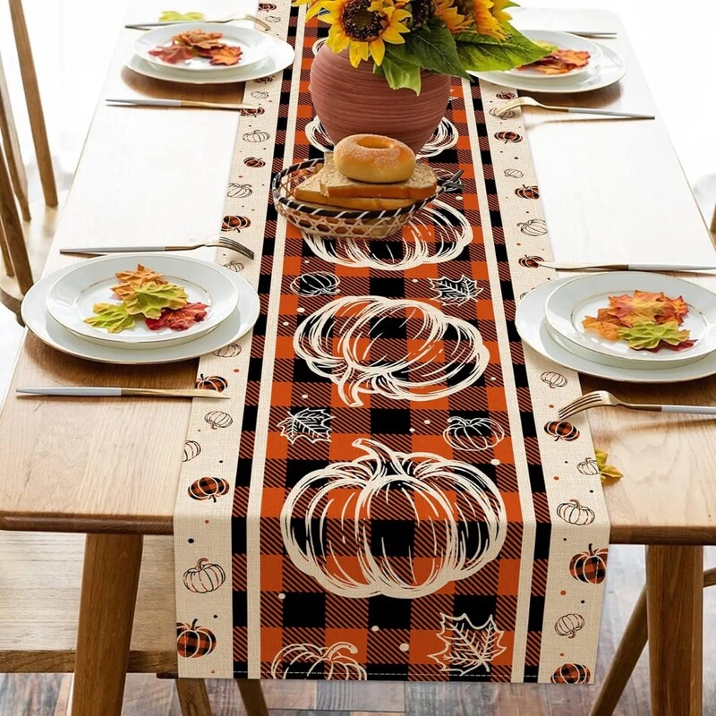 Őszi tök juhar levelek ágynemű asztali futók Őszi hálaadás bivalykockás csekk Parasztház parti Konyha étkezőasztal dekoráció