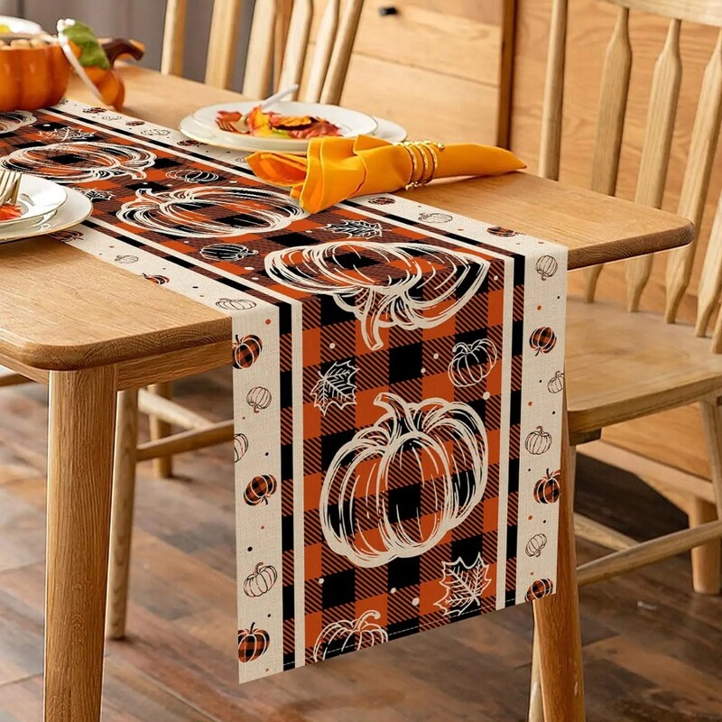 Őszi tök juhar levelek ágynemű asztali futók Őszi hálaadás bivalykockás csekk Parasztház parti Konyha étkezőasztal dekoráció