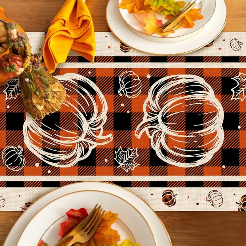 Őszi tök juhar levelek ágynemű asztali futók Őszi hálaadás bivalykockás csekk Parasztház parti Konyha étkezőasztal dekoráció