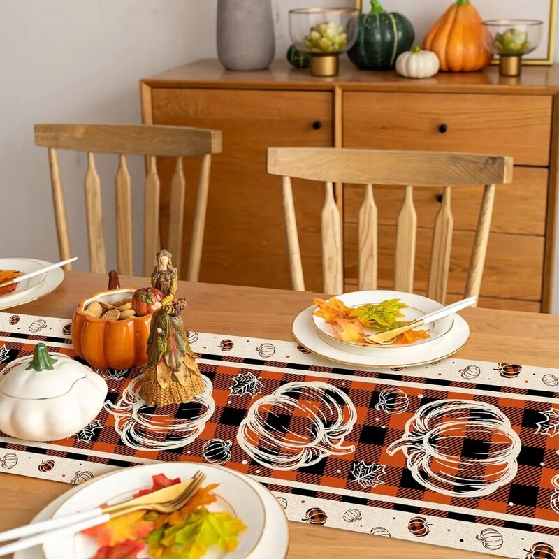 Őszi tök juhar levelek ágynemű asztali futók Őszi hálaadás bivalykockás csekk Parasztház parti Konyha étkezőasztal dekoráció