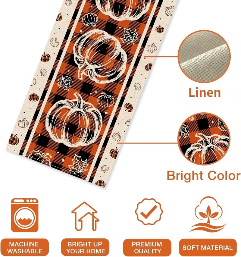 Őszi tök juhar levelek ágynemű asztali futók Őszi hálaadás bivalykockás csekk Parasztház parti Konyha étkezőasztal dekoráció