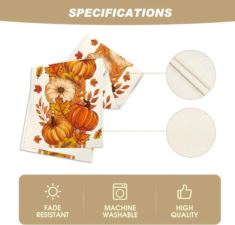 Runner de masă de toamnă cu dungi de frunze de arțar de dovleac portocaliu, decor sezonier de toamnă pentru masă de bucătărie pentru decorarea unei petreceri acasă