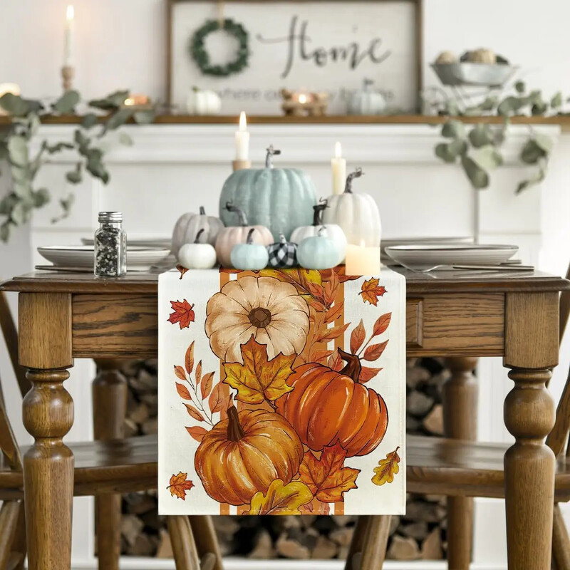 Runner de masă de toamnă cu dungi de frunze de arțar de dovleac portocaliu, decor sezonier de toamnă pentru masă de bucătărie pentru decorarea unei petreceri acasă