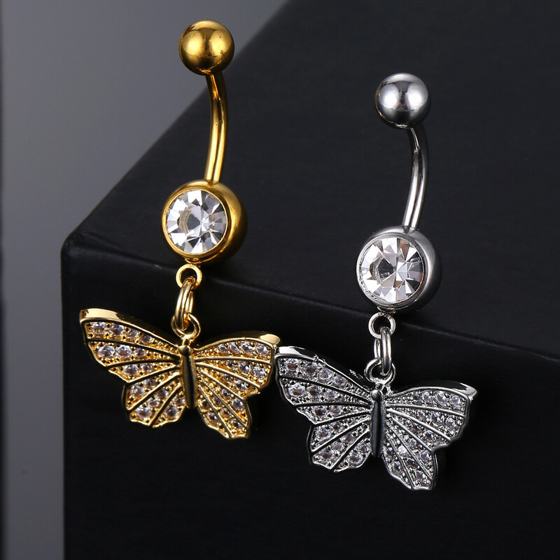 Pandantiv fluture de vară Inele pentru buric pentru femei Bikini de culoare auriu argintiu Zircon alb Buric Piercing pentru unghii Bijuterii CZ