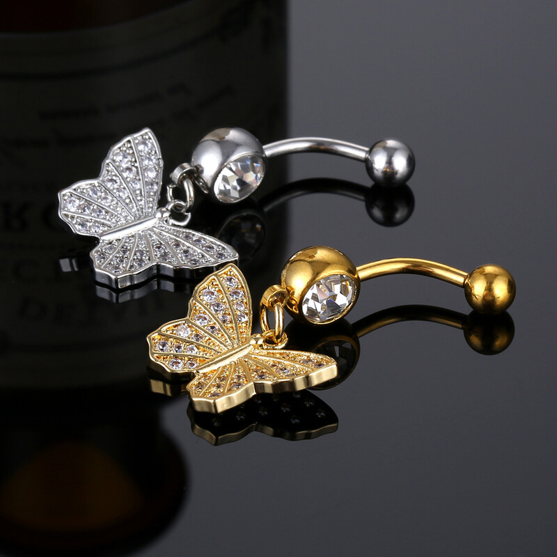 Pandantiv fluture de vară Inele pentru buric pentru femei Bikini de culoare auriu argintiu Zircon alb Buric Piercing pentru unghii Bijuterii CZ
