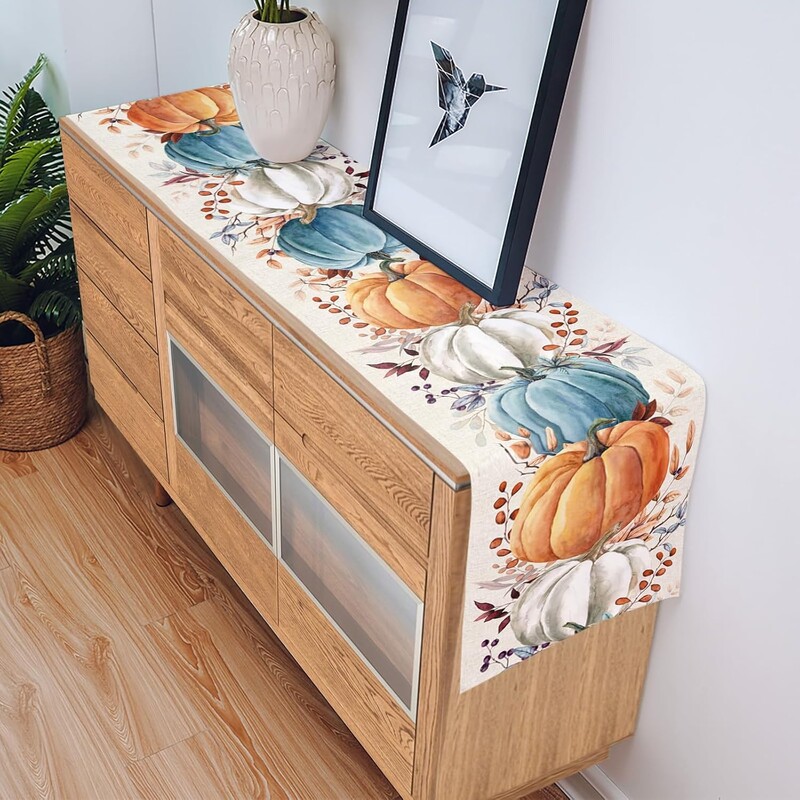 Őszi hálaadás színes sütőtök eukaliptusz levelek vászon asztali futók Őszi komód sál ünnep esküvői asztaldísz