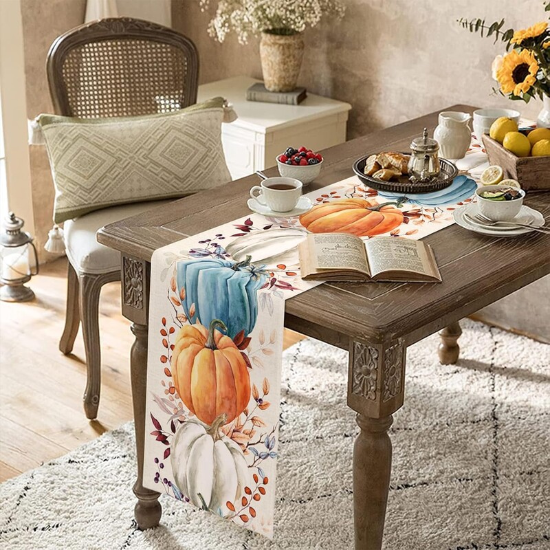 Őszi hálaadás színes sütőtök eukaliptusz levelek vászon asztali futók Őszi komód sál ünnep esküvői asztaldísz