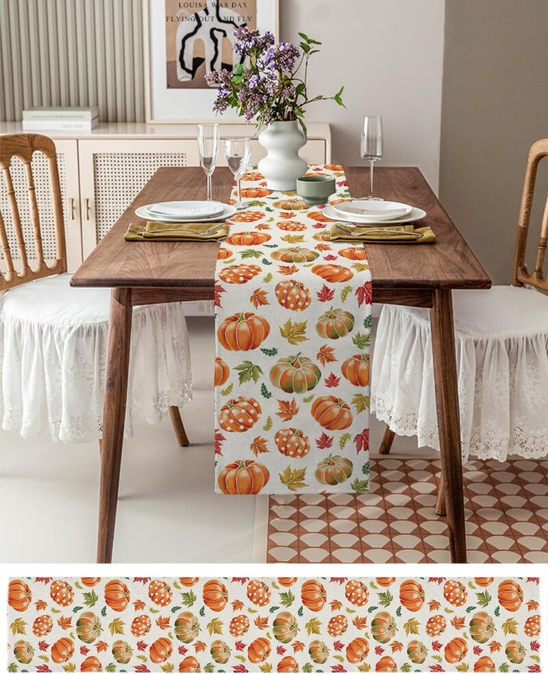 Φθινοπωρινό Φθινοπωρινό Φύλλο Κολοκύθας Ευκάλυπτος Λινό Τραπέζι Ράνερ Φθινόπωρο των Ευχαριστιών Φουλάρι για εορταστική διακόσμηση τραπεζαρίας κουζίνας γάμου