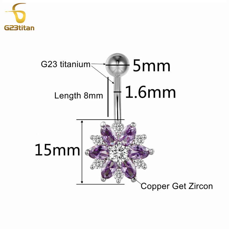 Γούρι Μωβ Ζιργκόν Λουλούδι Ομφαλός Δαχτυλίδι 14G 6-14mm Τιτανίου Barbell Piercing Κοσμήματα Γυναικεία αξεσουάρ anillo ombligo