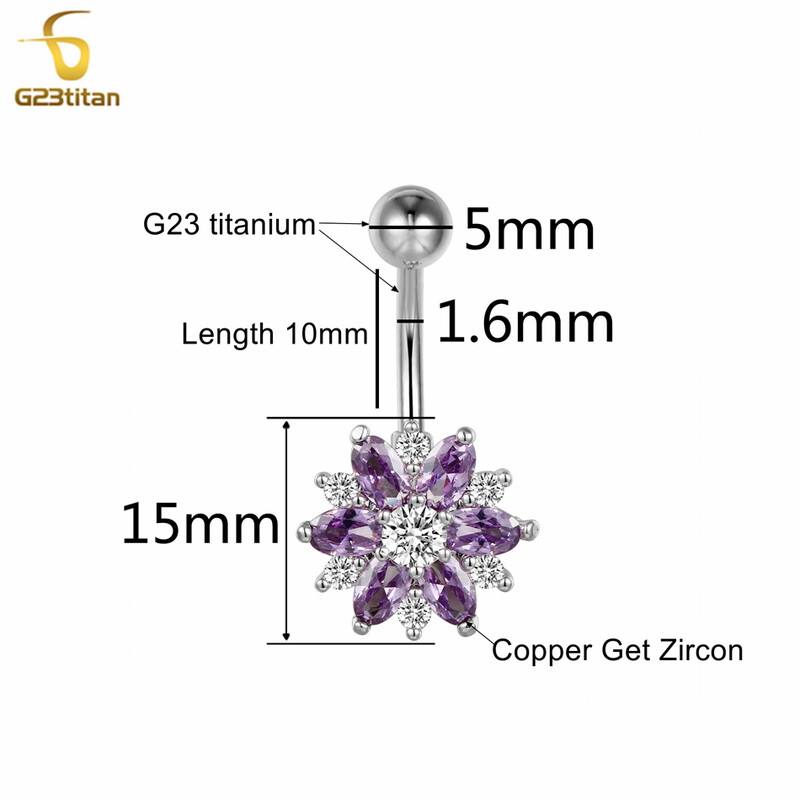 Γούρι Μωβ Ζιργκόν Λουλούδι Ομφαλός Δαχτυλίδι 14G 6-14mm Τιτανίου Barbell Piercing Κοσμήματα Γυναικεία αξεσουάρ anillo ombligo