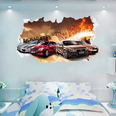 3D Supercar Vehicle Стикери за стена Див джип Счупен стенен плакат Wall Art Car Decal Стенописи за декорация на детска стая Сувенири за момчета