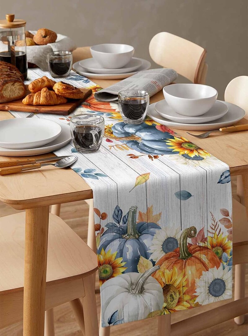 Dan zahvalnosti, jesen, suncokreti, bundeva, drvena zrna lana, stolni klizač, jesenska komoda, marama, svadbena zabava, kuhinjski ukras za blagovaonski stol