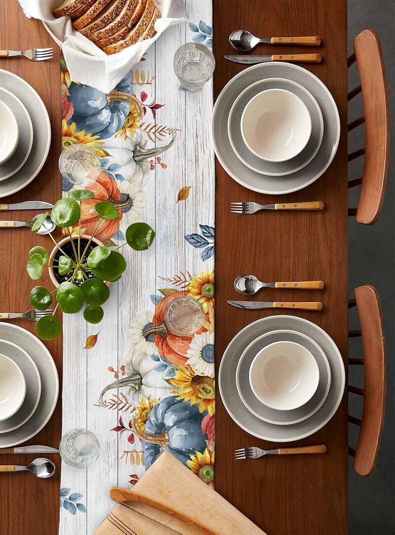 Dan zahvalnosti, jesen, suncokreti, bundeva, drvena zrna lana, stolni klizač, jesenska komoda, marama, svadbena zabava, kuhinjski ukras za blagovaonski stol