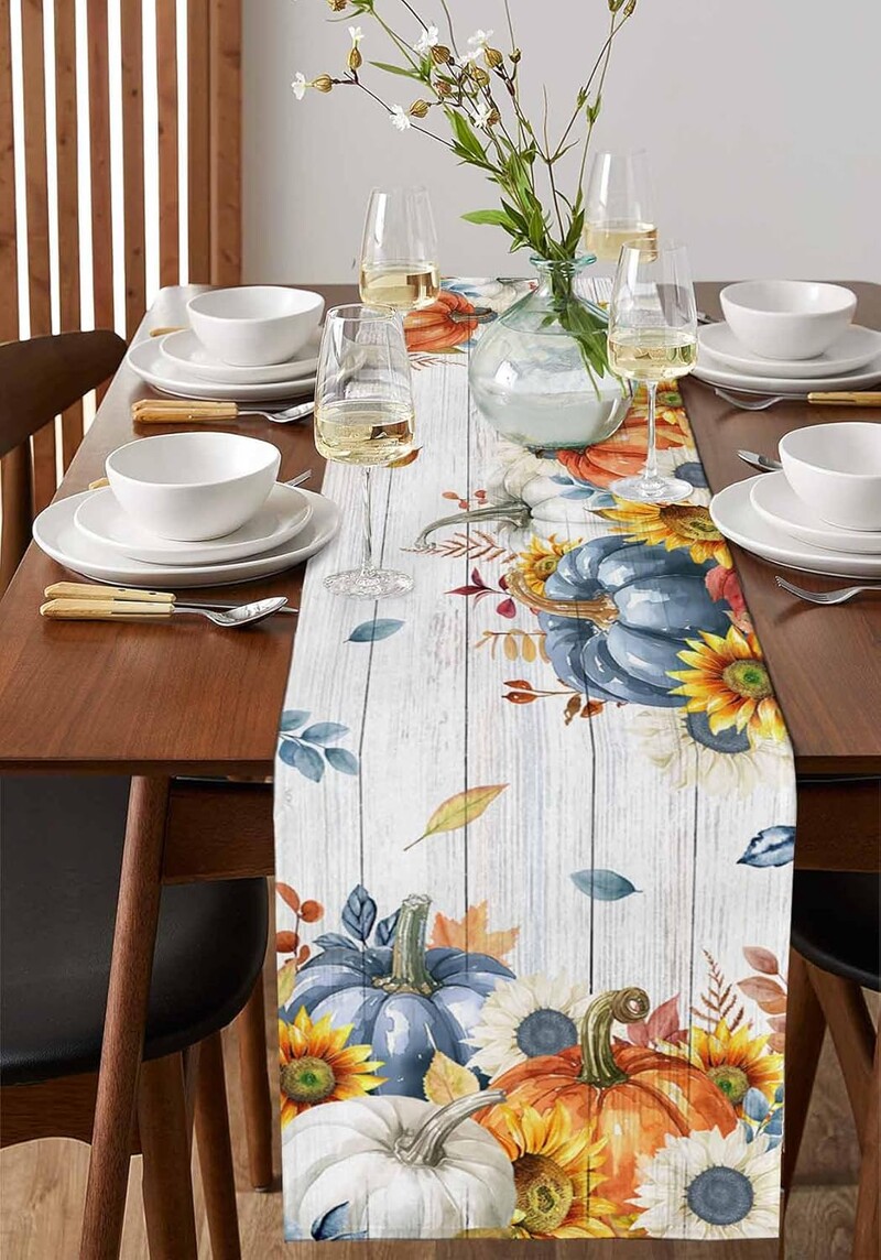 Dan zahvalnosti, jesen, suncokreti, bundeva, drvena zrna lana, stolni klizač, jesenska komoda, marama, svadbena zabava, kuhinjski ukras za blagovaonski stol