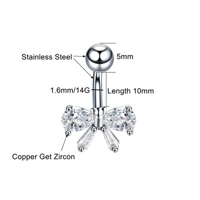Λευκό CZ Ζιργκόν Πεταλούδα Φιόγκος Ομφαλός Δαχτυλίδι 14G G23 Titanium Barbell Piercing Γυναικείο Κοσμήματα σώματος Pircing Ombligo