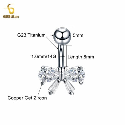 Λευκό CZ Ζιργκόν Πεταλούδα Φιόγκος Ομφαλός Δαχτυλίδι 14G G23 Titanium Barbell Piercing Γυναικείο Κοσμήματα σώματος Pircing Ombligo