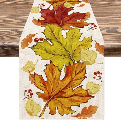 Fall Maple Laves Linen Table Runnings Thanksgiving Autumn Orange Leaves Dresser Scarf Table Decor Kitchen Home Dining Party Decor