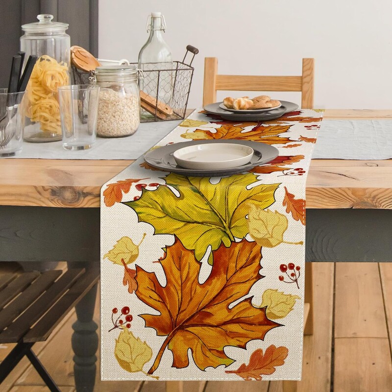 Fall Maple Laves Linen Table Runnings Thanksgiving Autumn Orange Leaves Dresser Scarf Table Decor Kitchen Home Dining Party Decor