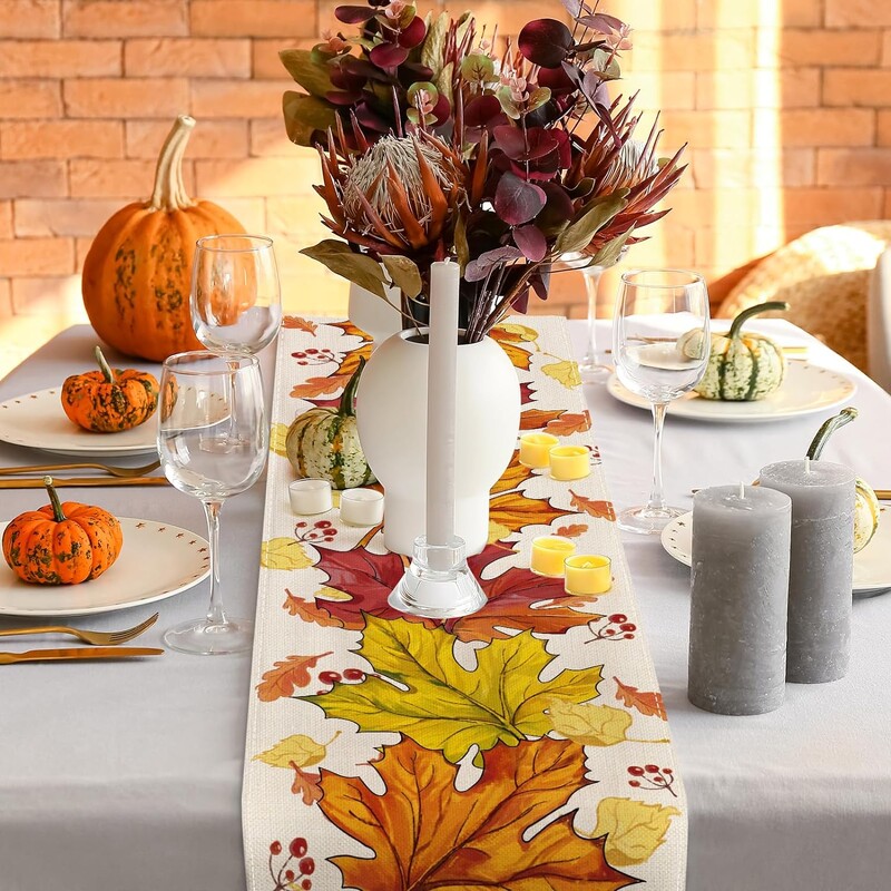 Fall Maple Laves Linen Table Runnings Thanksgiving Autumn Orange Leaves Dresser Scarf Table Decor Kitchen Home Dining Party Decor