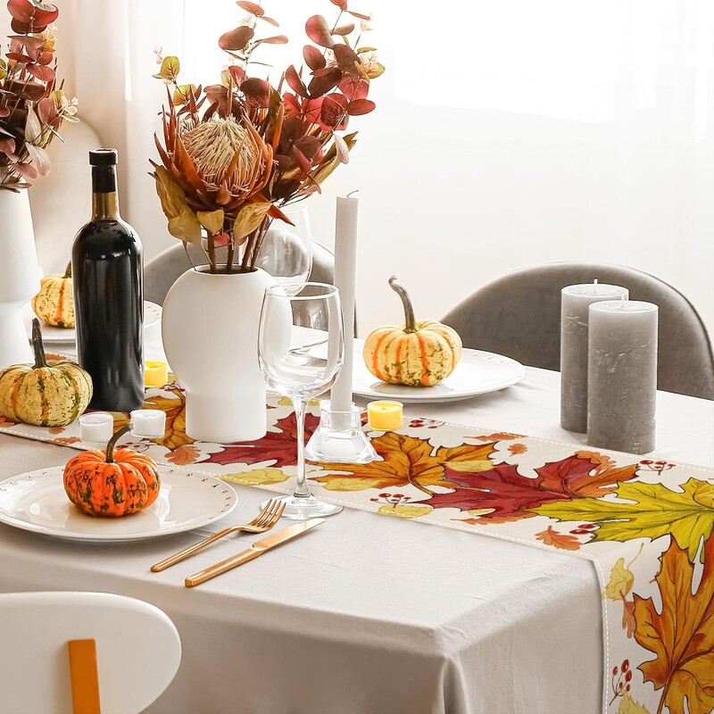 Fall Maple Laves Linen Table Runnings Thanksgiving Autumn Orange Leaves Dresser Scarf Table Decor Kitchen Home Dining Party Decor