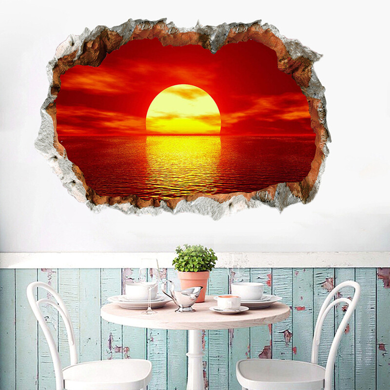 3D Broken Wall Art Ocean Sunrise Landscape Αυτοκόλλητα τοιχογραφίας βινυλίου Διακοσμήσεις σπιτιού Σαλόνι Υπνοδωμάτιο Υπνοδωμάτιο με θέα στη θάλασσα Ταπετσαρία αφίσας