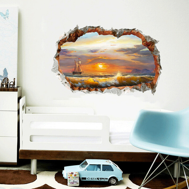 3D Broken Wall Art Ocean Sunrise Landscape Αυτοκόλλητα τοιχογραφίας βινυλίου Διακοσμήσεις σπιτιού Σαλόνι Υπνοδωμάτιο Υπνοδωμάτιο με θέα στη θάλασσα Ταπετσαρία αφίσας