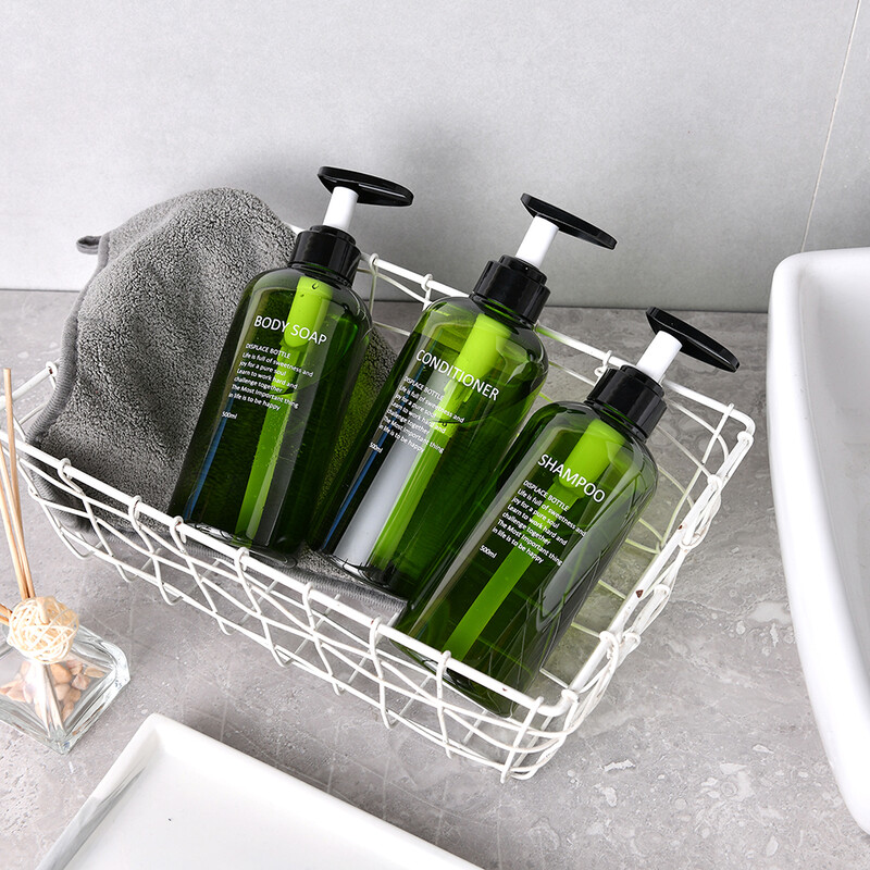 Újratölthető sampon balzsam testápoló adagolókészlet nyomtatott betűkkel fürdőszobai szappanpalack adagoló zuhanyszivattyús sampon adagoló