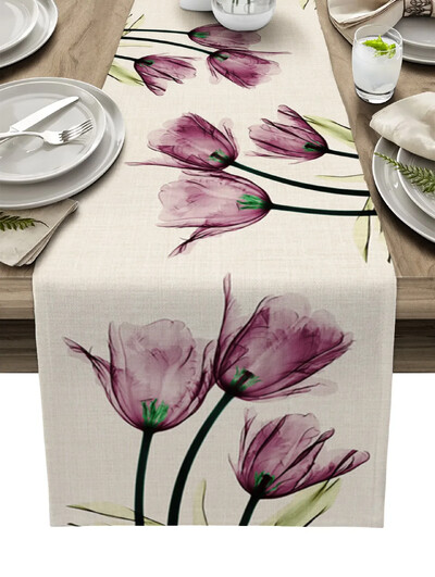 Pavasario mėlyna tulpė gėlių linas Stalo bėgikas Vestuvių dekoras Nedėmėtas pietums, šventinis vakarėlio dekoras