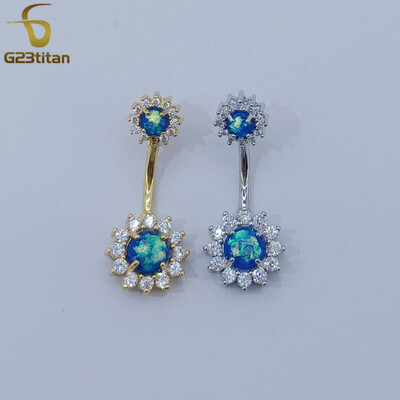 G23titan διπλής όψης μπλε Opal CZ λουλούδι δαχτυλίδι κοιλιακού 14G χειρουργικό Titanium Barbell Αφαλός Ombligo Piercing Γυναικεία κοσμήματα