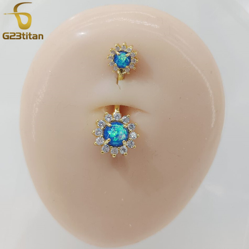 G23titan dublă parte albastru opal CZ floare inel pentru buric 14G chirurgical titan barbell buric ombligo piercing femei bijuterii