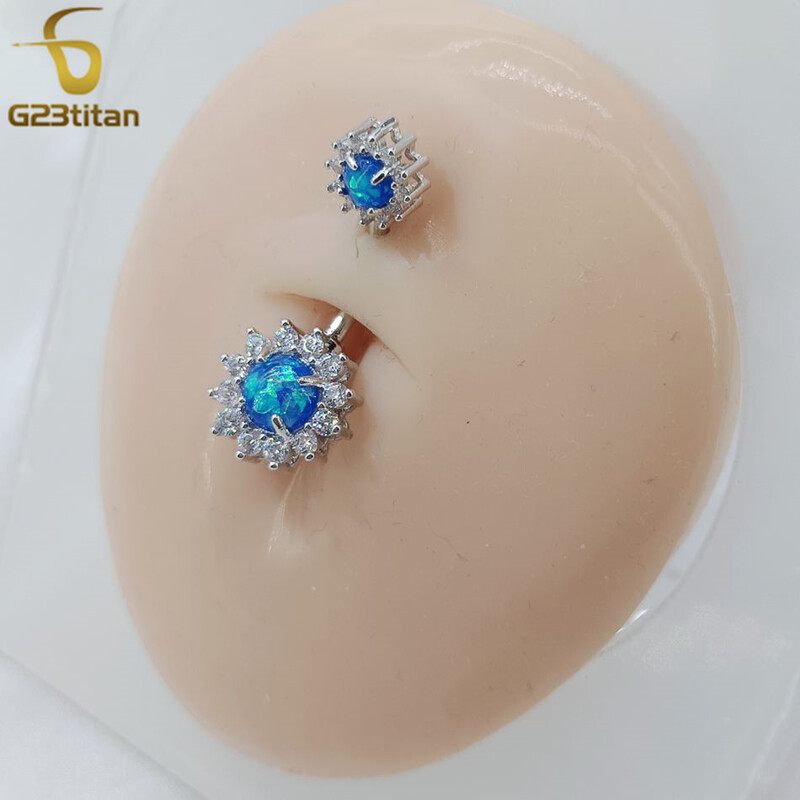 G23titan dublă parte albastru opal CZ floare inel pentru buric 14G chirurgical titan barbell buric ombligo piercing femei bijuterii