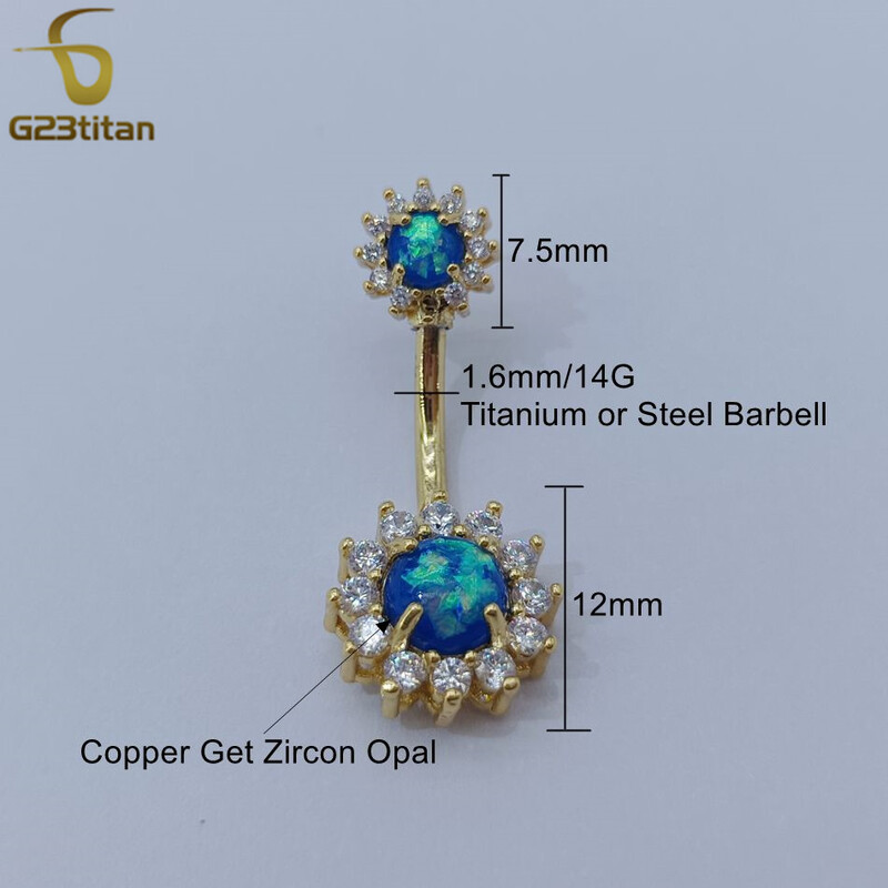 G23titan dublă parte albastru opal CZ floare inel pentru buric 14G chirurgical titan barbell buric ombligo piercing femei bijuterii