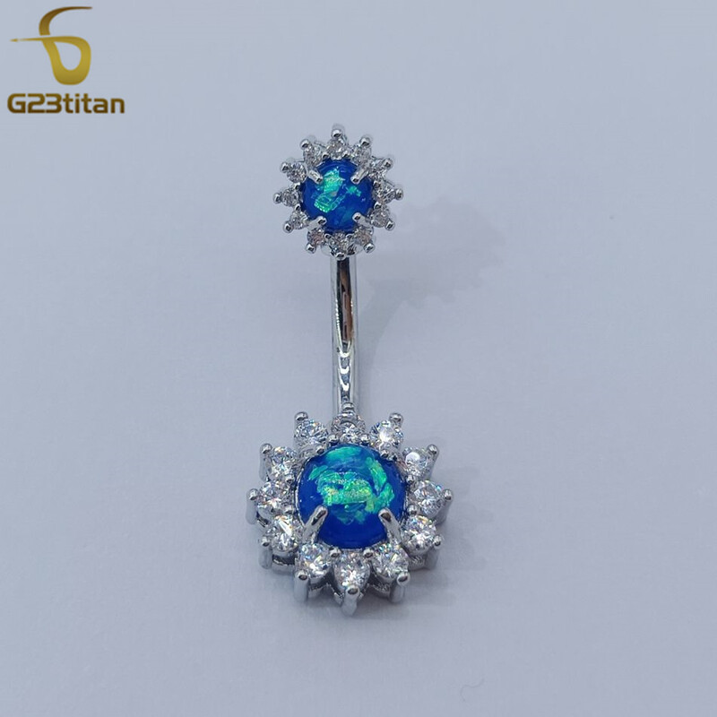 G23titan dublă parte albastru opal CZ floare inel pentru buric 14G chirurgical titan barbell buric ombligo piercing femei bijuterii