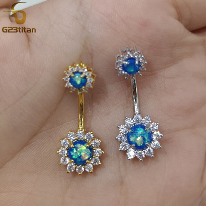 G23titan dublă parte albastru opal CZ floare inel pentru buric 14G chirurgical titan barbell buric ombligo piercing femei bijuterii