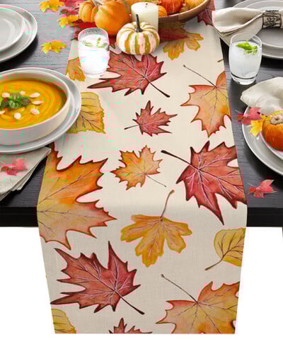 Fețe de masă din bumbac, din in, de Ziua Recunoștinței, cu frunze de arțar de toamnă.