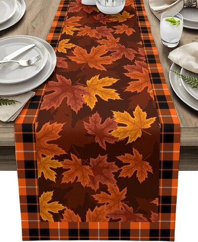 Őszi juharlevelek kockás kockás bivaly asztali futókendő, sál őszi betakarítás Konyhai asztali futó Hálaadási díszek