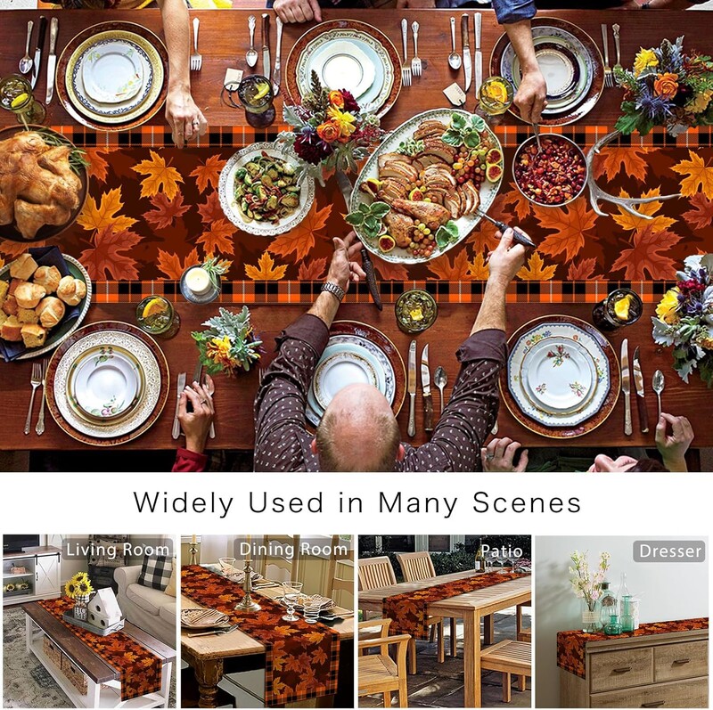 Őszi juharlevelek kockás kockás bivaly asztali futókendő, sál őszi betakarítás Konyhai asztali futó Hálaadási díszek