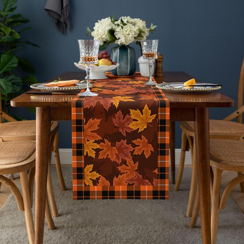 Őszi juharlevelek kockás kockás bivaly asztali futókendő, sál őszi betakarítás Konyhai asztali futó Hálaadási díszek
